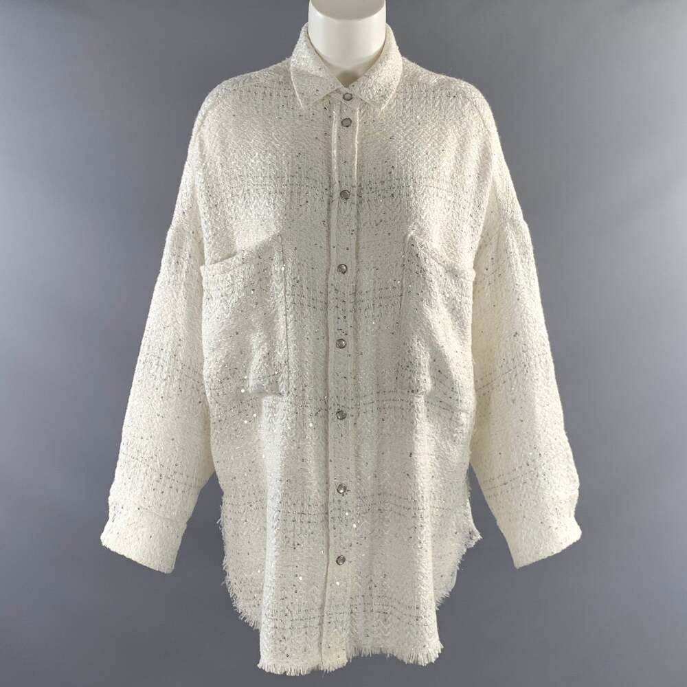 IRO Size M White Silver Polyester Blend Tweed Snaps Shirt